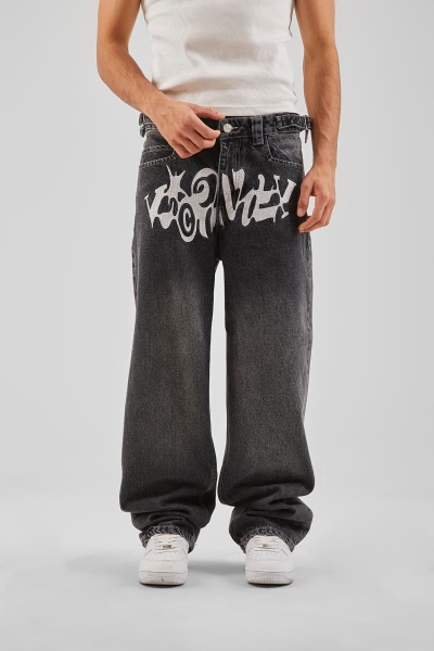 siyah  baskılı baggy pantolon